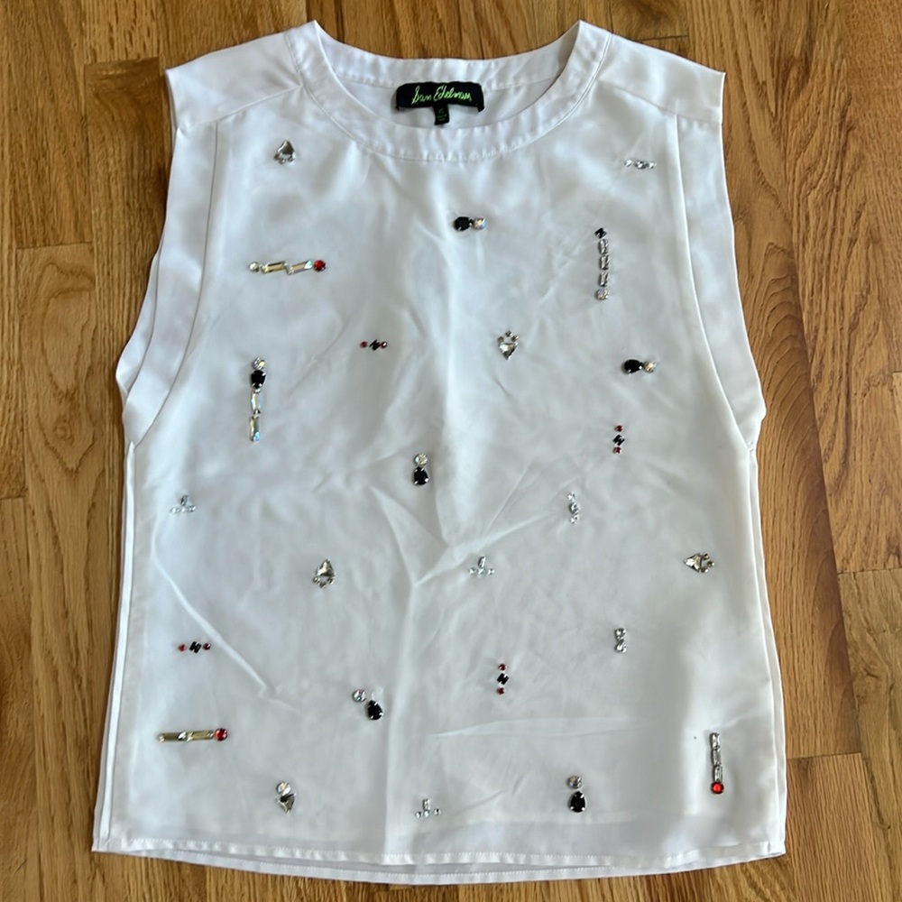 SAME EDELMAN White Rhinestone Bejeweled Sleeveless Blouse, Size XS